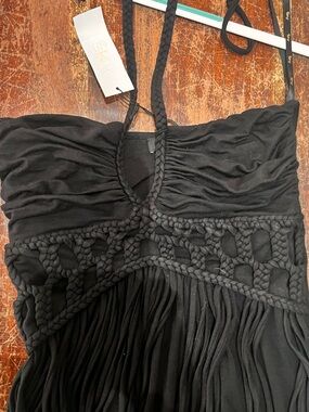Sky Black Crochet Fringe Halter Mini Dress